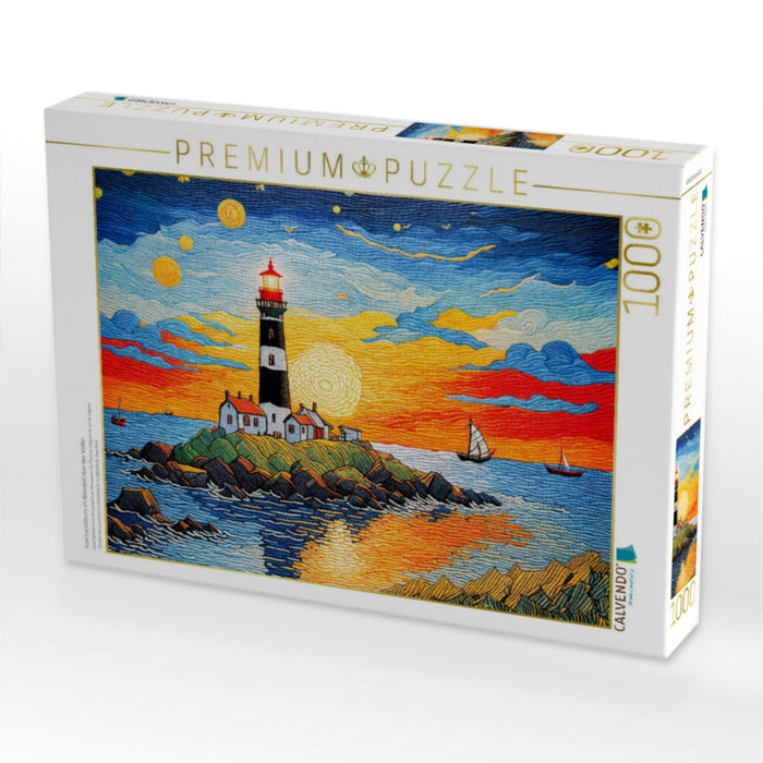 Insel Leuchtturm im Abendrot über den Wellen - CALVENDO Foto-Puzzle'