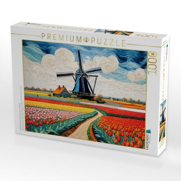 Windmühle bei buntem Tulpenmeer im Frühling - CALVENDO Foto-Puzzle'