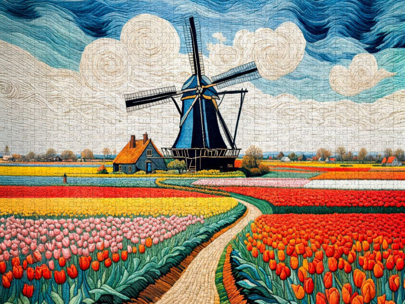 Windmühle bei buntem Tulpenmeer im Frühling - CALVENDO Foto-Puzzle'