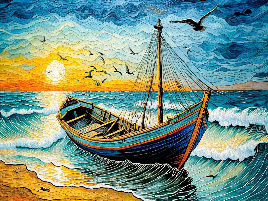 Boot auf Wellen im goldenen Sonnenuntergang - CALVENDO Foto-Puzzle'