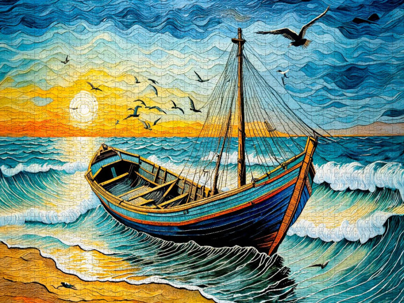 Boot auf Wellen im goldenen Sonnenuntergang - CALVENDO Foto-Puzzle'