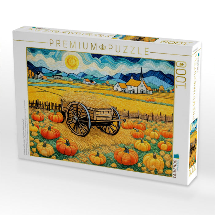 Kürbisse und Heuwagen in goldener Herbstlandschaft - CALVENDO Foto-Puzzle'