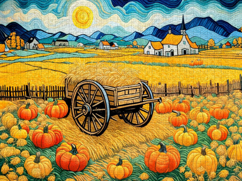 Kürbisse und Heuwagen in goldener Herbstlandschaft - CALVENDO Foto-Puzzle'