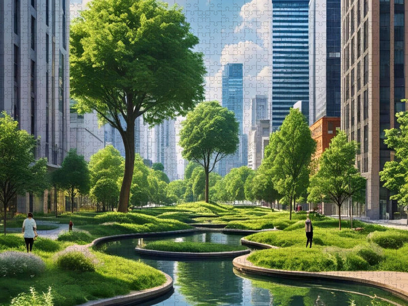 Teichanlage mit Stadt - CALVENDO Foto-Puzzle'