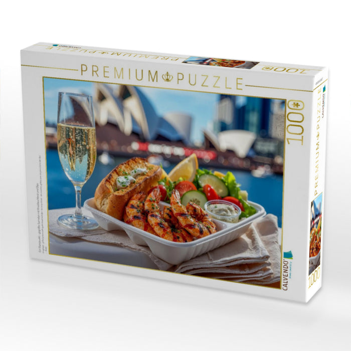 Ein Glanzpunkt - gegrillte Garnelen mit Knoblauchbrot und Dips - CALVENDO Foto-Puzzle'