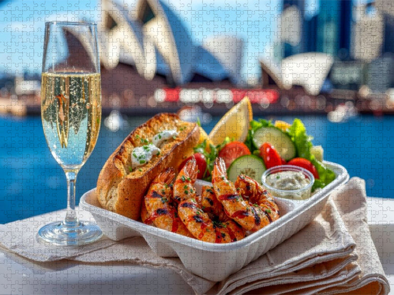 Ein Glanzpunkt - gegrillte Garnelen mit Knoblauchbrot und Dips - CALVENDO Foto-Puzzle'