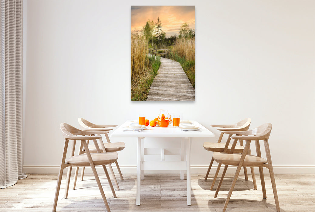 Premium Textil-Leinwand Holzweg durchs Moor