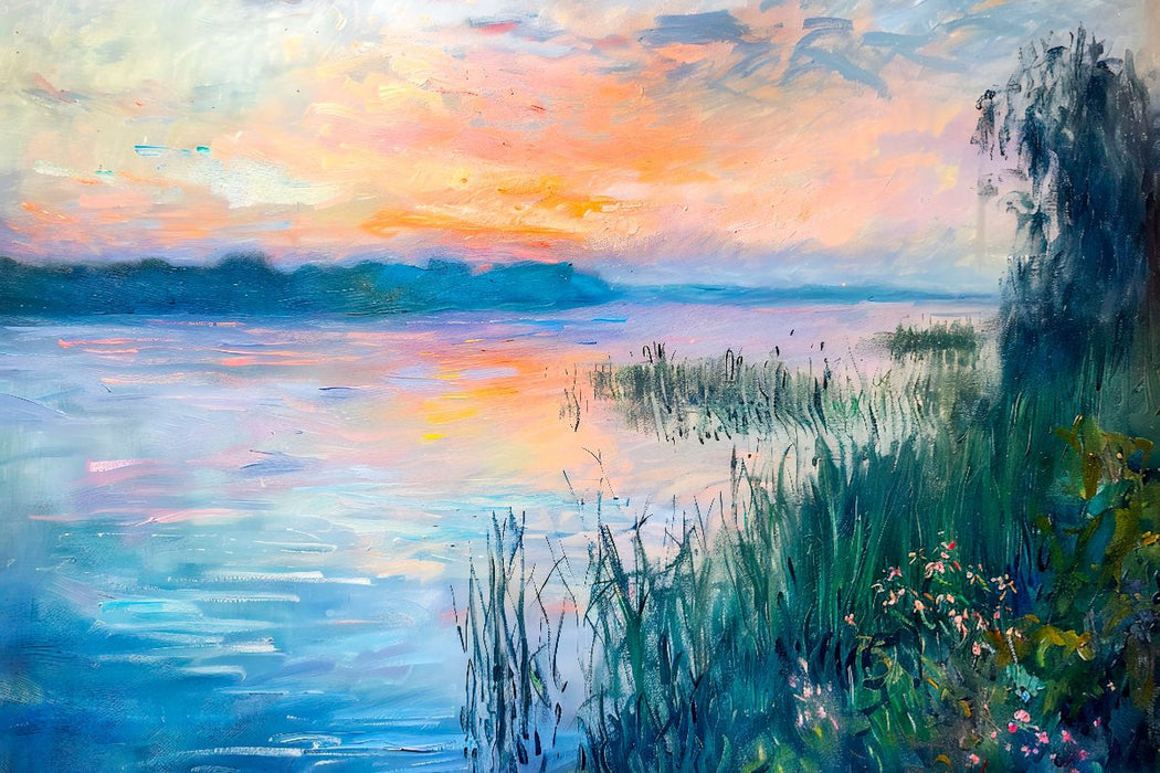 Premium Textil-Leinwand Abendruhe am märkischen See im Havelland impressionistischen Stil