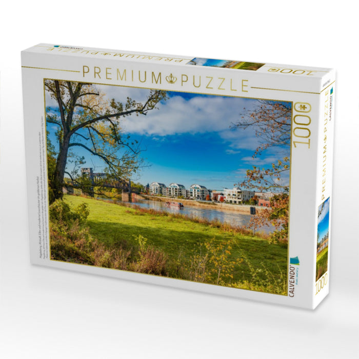 Magdeburg, Altstadt, Elbe und moderne Luxushäuser im goldenen Herbst - CALVENDO Foto-Puzzle'