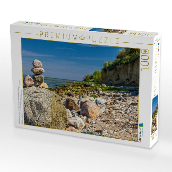 Steinmännchen weisen den Weg entlang der sehr steinigen Steilküste - CALVENDO Foto-Puzzle'