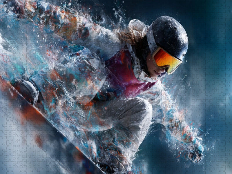 Snowboarderin in Action vor winterlicher Bergkulisse. Dynamisches Motiv im künstlerischen Stil - CALVENDO Foto-Puzzle'