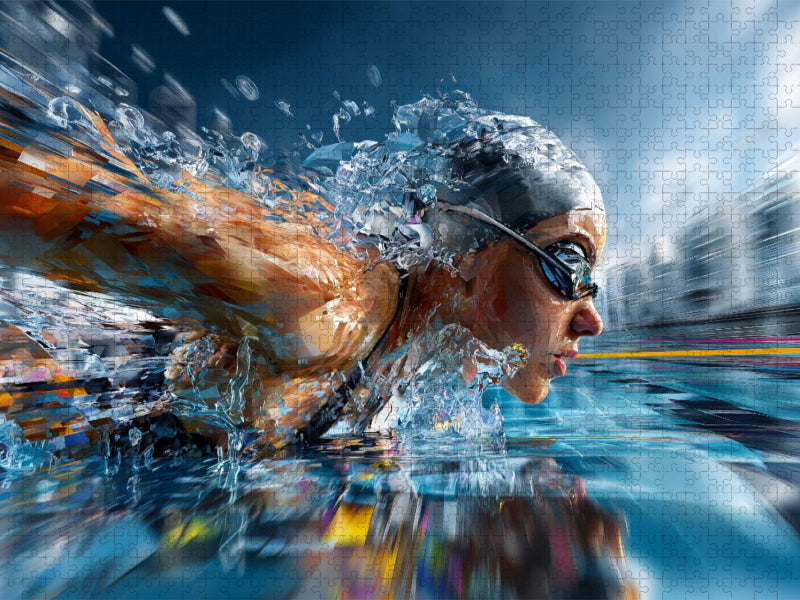 Schwimmerin in Bewegung im Wettkampf. Ausdrucksstarkes Sportmotiv im künstlerischen Stil - CALVENDO Foto-Puzzle'