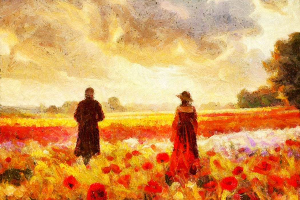 Premium Textil-Leinwand Diese Blumenwiese bei Sonnenuntergang könnte auch Camille Pissarro inspiriert haben.