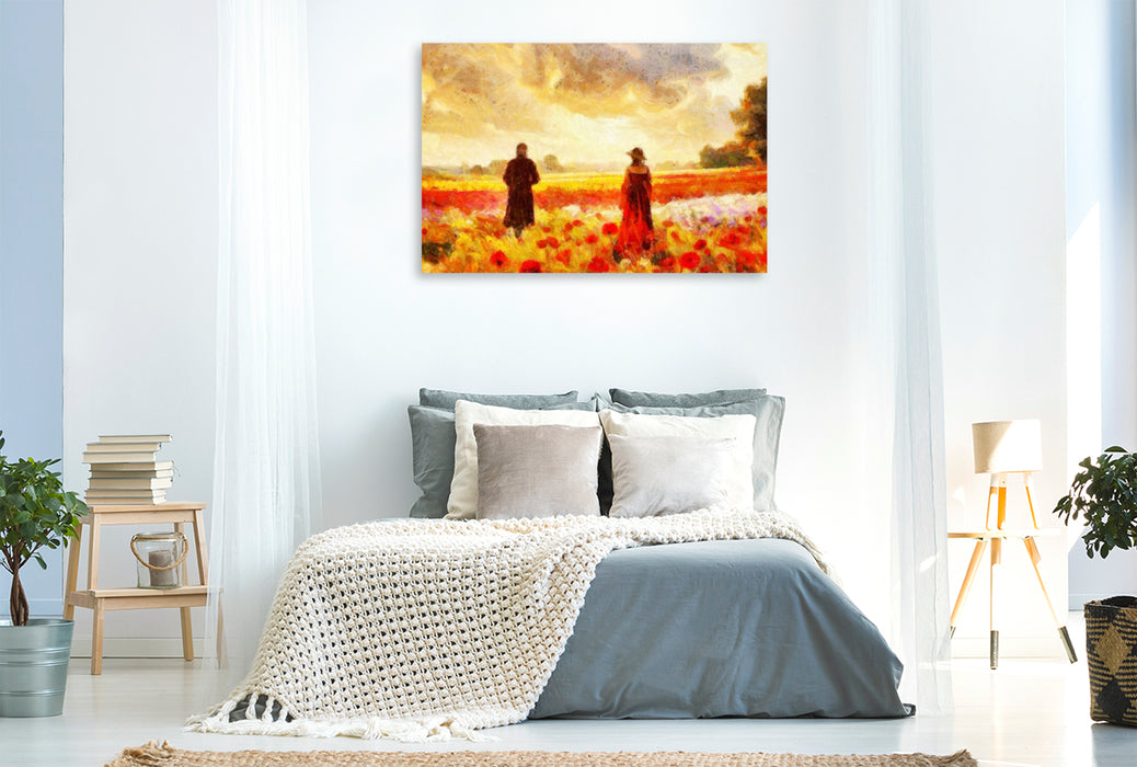 Premium Textil-Leinwand Diese Blumenwiese bei Sonnenuntergang könnte auch Camille Pissarro inspiriert haben.