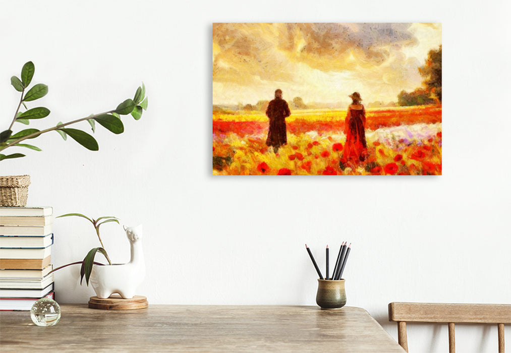 Premium Textil-Leinwand Diese Blumenwiese bei Sonnenuntergang könnte auch Camille Pissarro inspiriert haben.