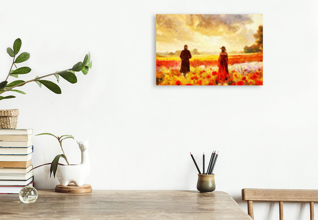 Premium Textil-Leinwand Diese Blumenwiese bei Sonnenuntergang könnte auch Camille Pissarro inspiriert haben.