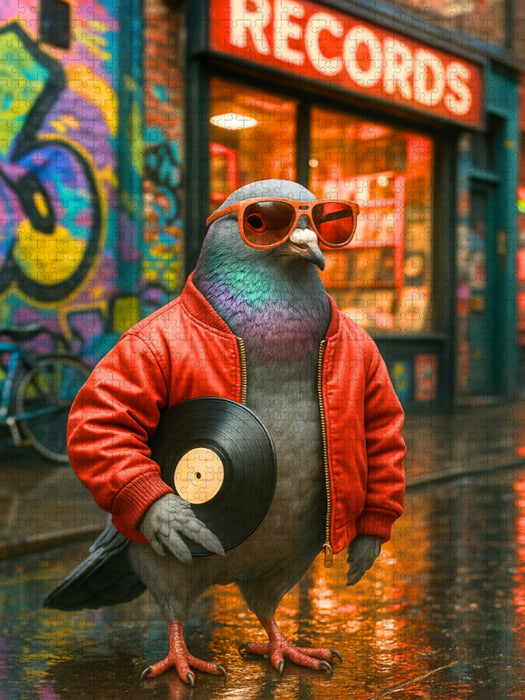 Vinyl Vibes – Stadttaube vorm Plattenladen - CALVENDO Foto-Puzzle'