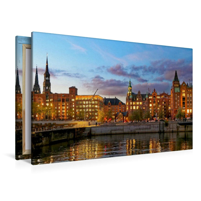 Premium Textil-Leinwand Abendlich beleuchtete Kontorhäuser über dem Brooktorhafen