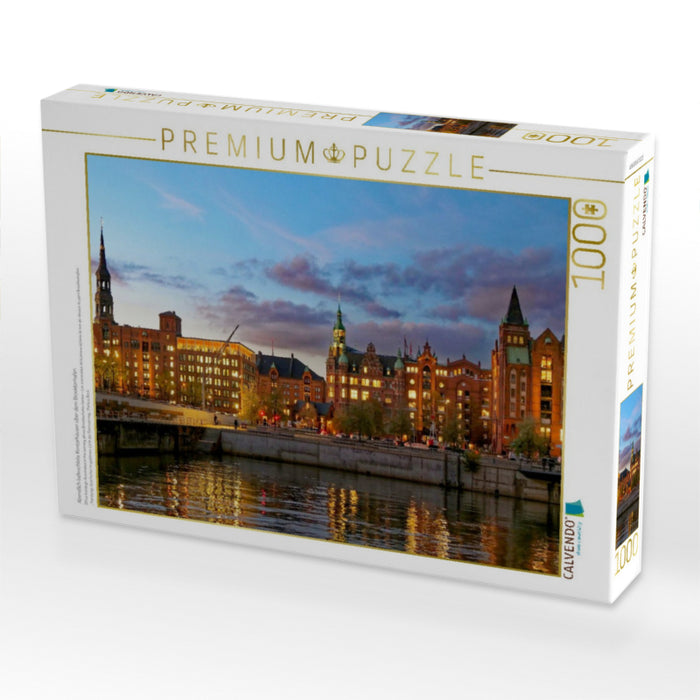 Abendlich beleuchtete Kontorhäuser über dem Brooktorhafen - CALVENDO Foto-Puzzle'