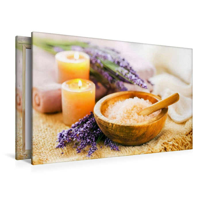 Premium Textil-Leinwand Lavendelsalz in Holzschale mit Kerzenlicht