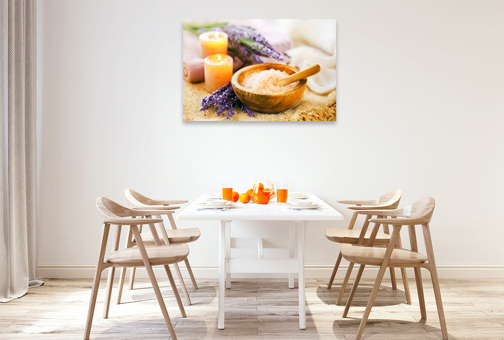 Premium Textil-Leinwand Lavendelsalz in Holzschale mit Kerzenlicht