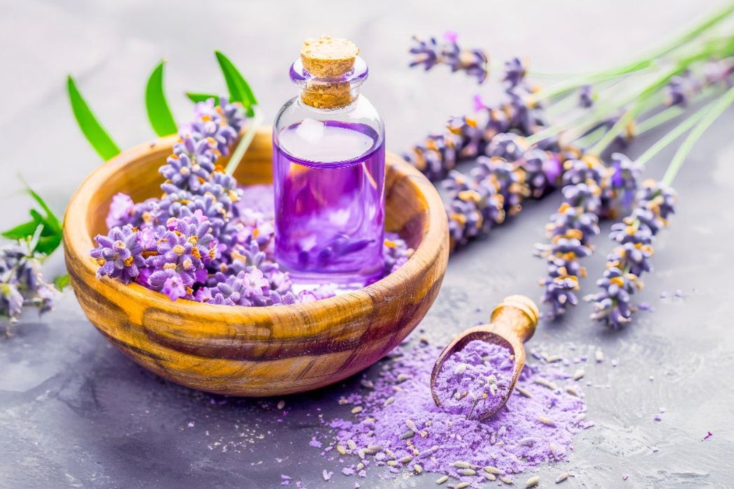 Premium Textil-Leinwand Lavendelöl in Holzschale mit Blüten