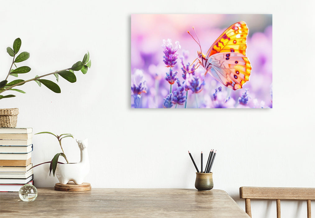 Premium Textil-Leinwand Schmetterling auf Lavendelblüten im Gegenlicht
