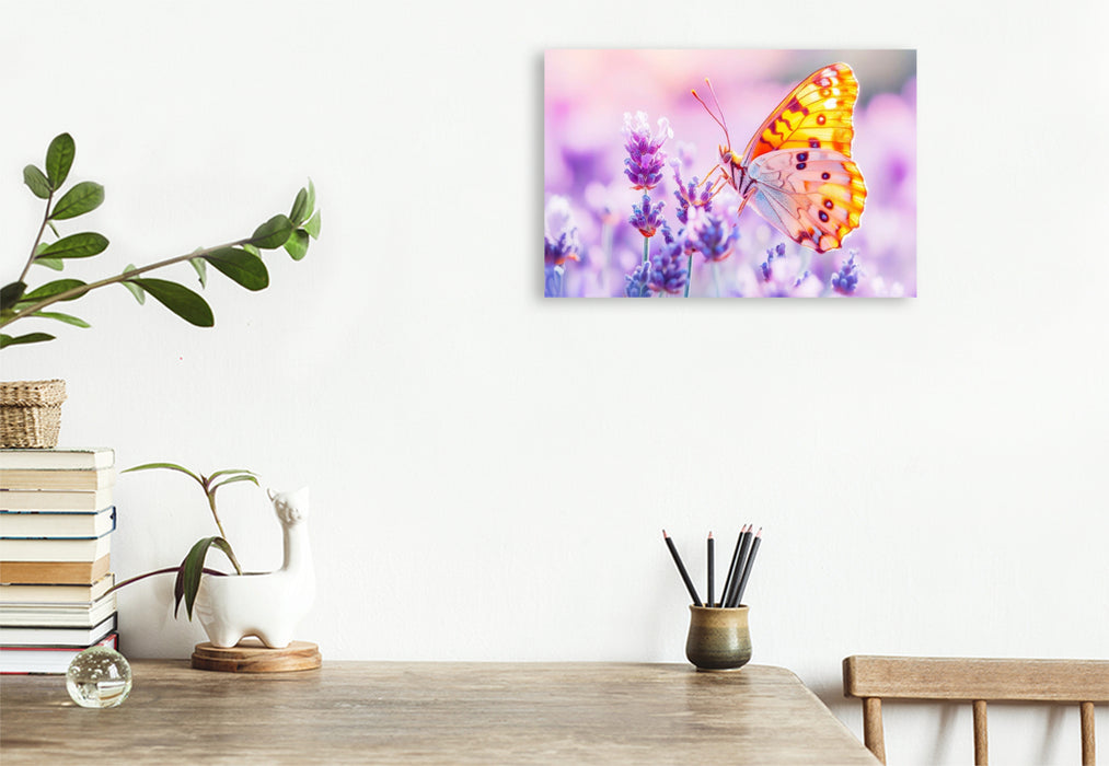 Premium Textil-Leinwand Schmetterling auf Lavendelblüten im Gegenlicht