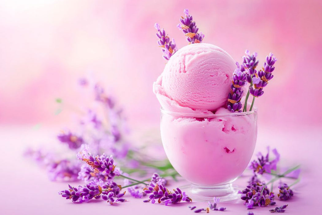 Premium Textil-Leinwand Lavendeleis mit Blüten auf Rosa Hintergrund