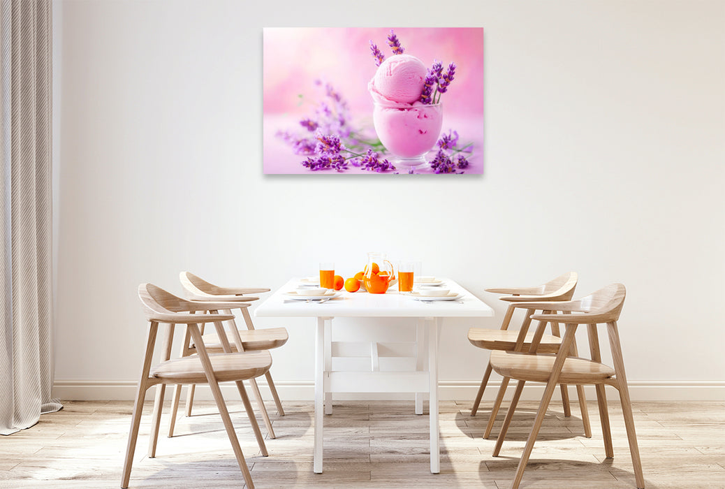 Premium Textil-Leinwand Lavendeleis mit Blüten auf Rosa Hintergrund