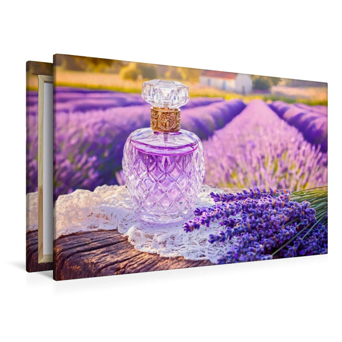 Premium Textil-Leinwand Lavendelparfum vor Blütenfeld im Sonnenlicht