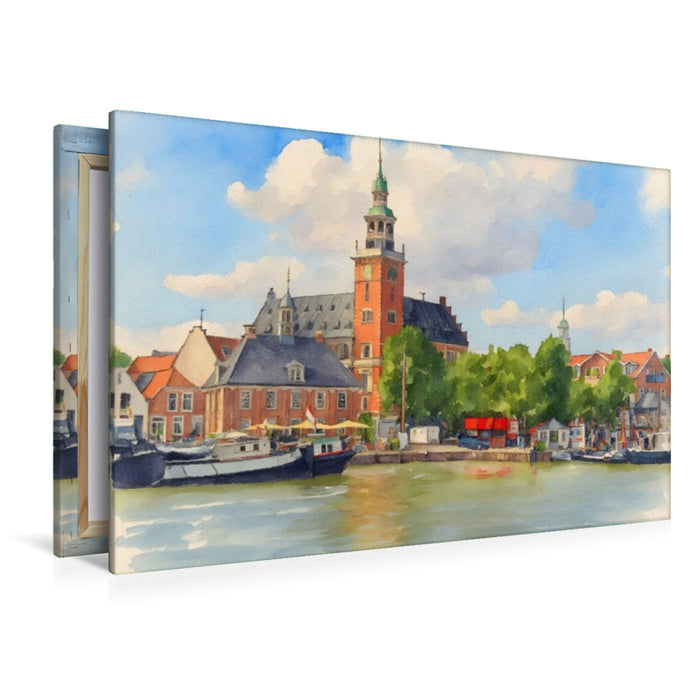 Premium Textil-Leinwand Rathaus Leer vom Hafen aus gesehenus