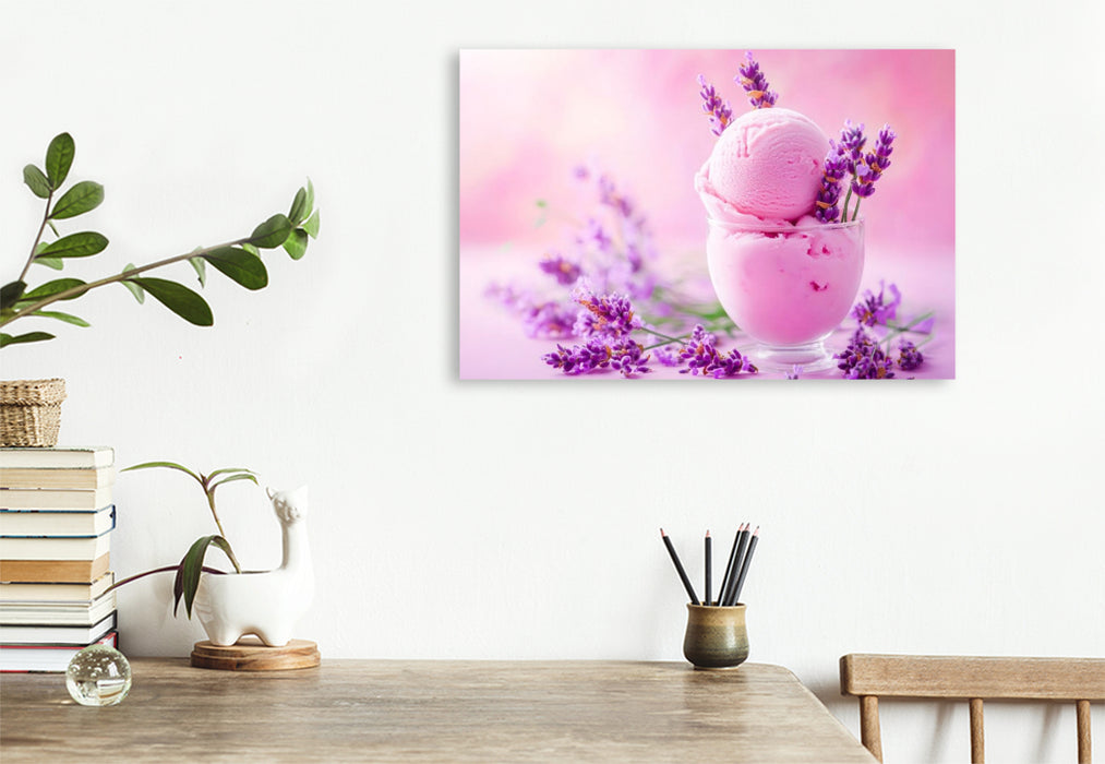 Premium Textil-Leinwand Lavendeleis mit Blüten auf Rosa Hintergrund