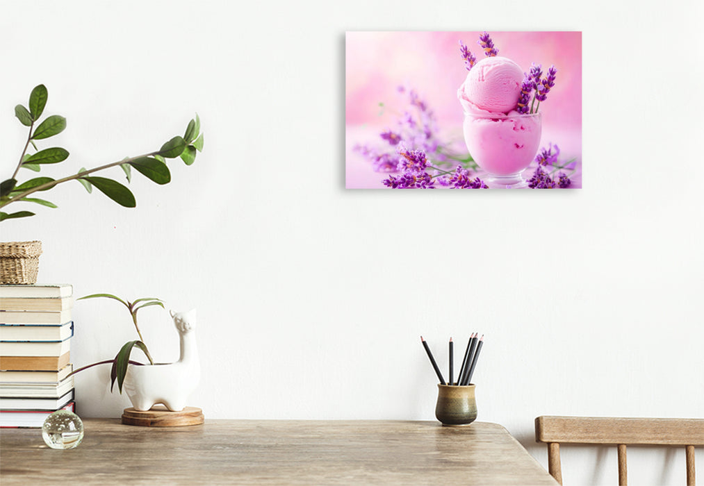 Premium Textil-Leinwand Lavendeleis mit Blüten auf Rosa Hintergrund