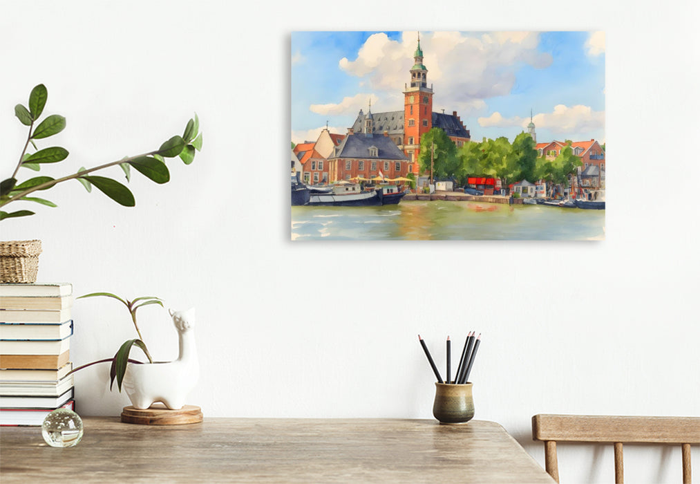 Premium Textil-Leinwand Rathaus Leer vom Hafen aus gesehenus