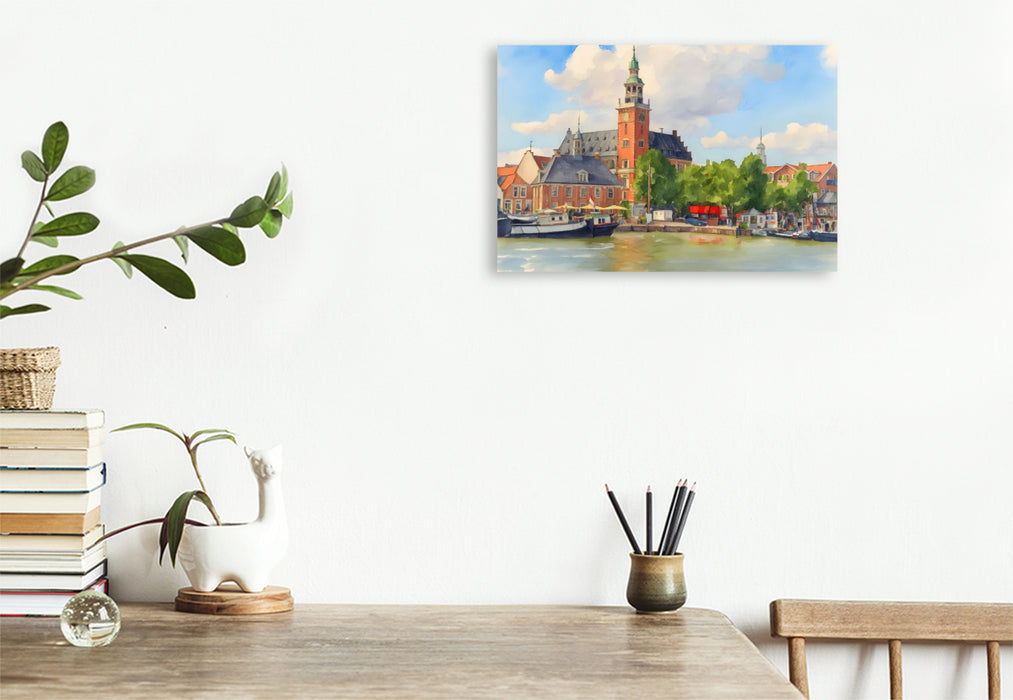 Premium Textil-Leinwand Rathaus Leer vom Hafen aus gesehenus