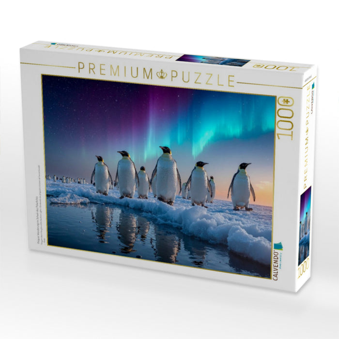 Pinguin Wanderung im Schein des Polarlichts - CALVENDO Foto-Puzzle'