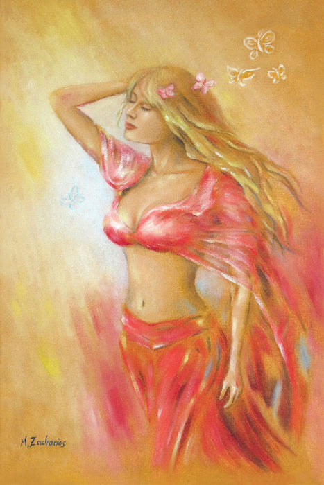 Premium Textil-Leinwand Girl im roten Kleid mit Schmetterlingen