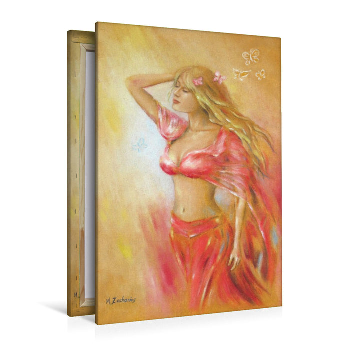 Premium Textil-Leinwand Girl im roten Kleid mit Schmetterlingen