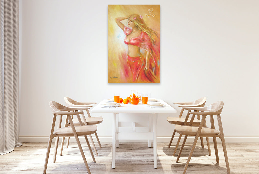 Premium Textil-Leinwand Girl im roten Kleid mit Schmetterlingen