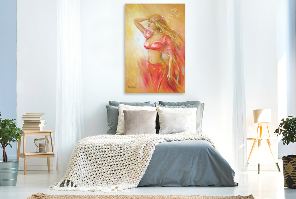 Premium Textil-Leinwand Girl im roten Kleid mit Schmetterlingen