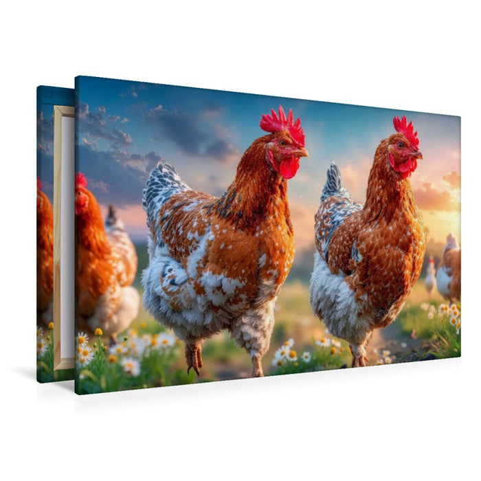 Premium Textil-Leinwand Hier gackern fröhliche Hühner um die Wette
