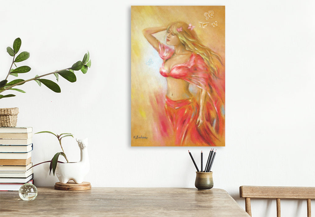 Premium Textil-Leinwand Girl im roten Kleid mit Schmetterlingen