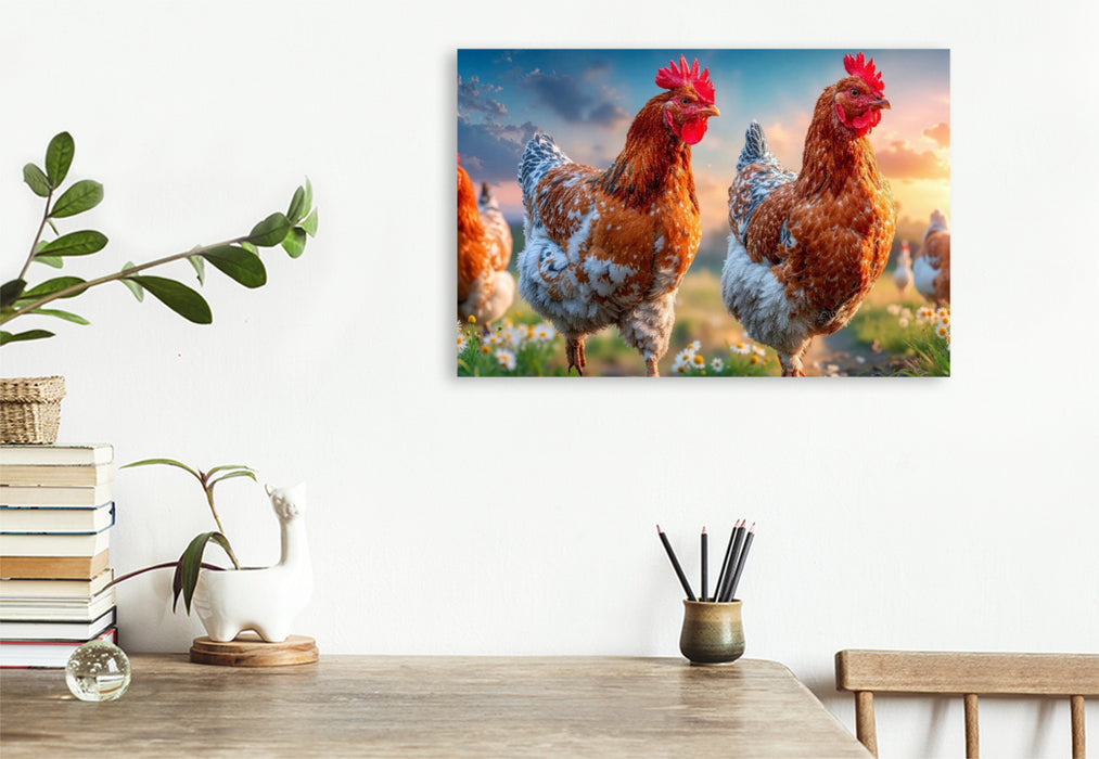 Premium Textil-Leinwand Hier gackern fröhliche Hühner um die Wette