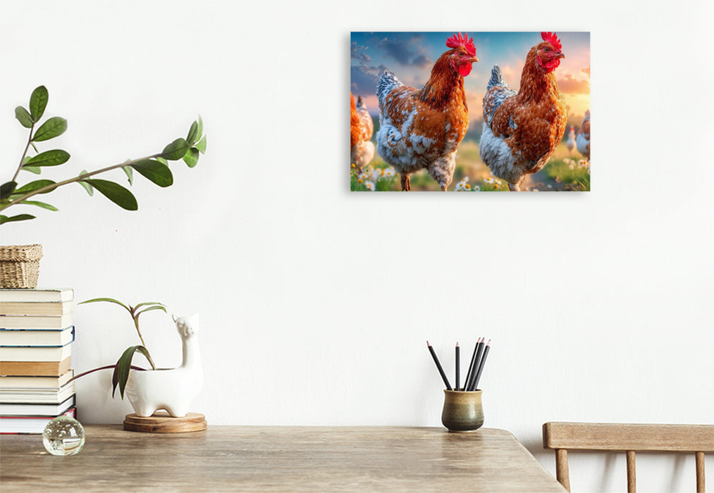 Premium Textil-Leinwand Hier gackern fröhliche Hühner um die Wette