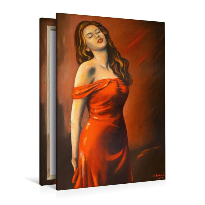 Premium Textil-Leinwand Lady im roten Kleid