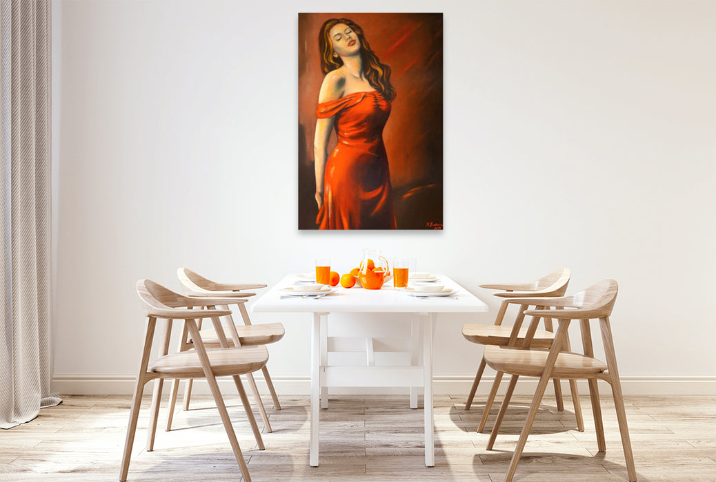Premium Textil-Leinwand Lady im roten Kleid
