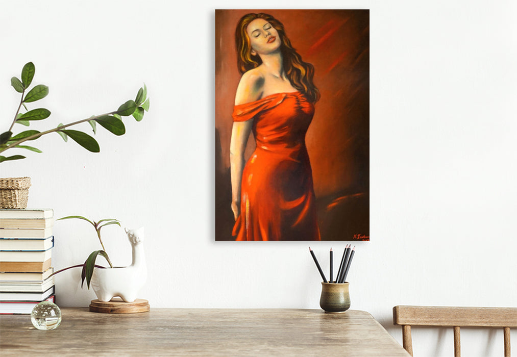 Premium Textil-Leinwand Lady im roten Kleid