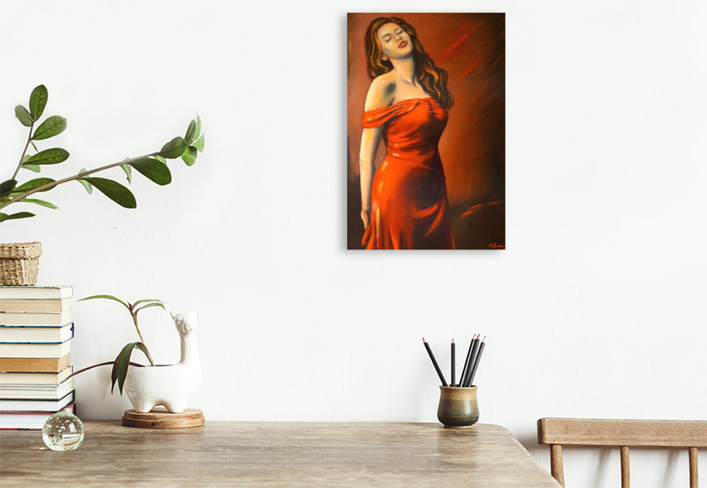 Premium Textil-Leinwand Lady im roten Kleid