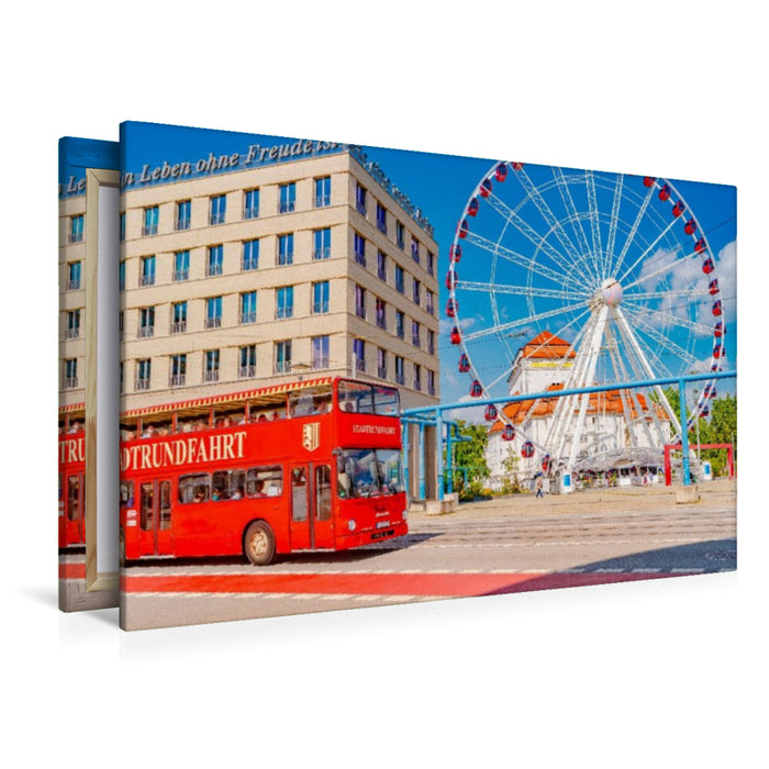 Premium Textil-Leinwand Dresden, Stadtrundfahrt Bus und Riesenrad in der Innenstadt
